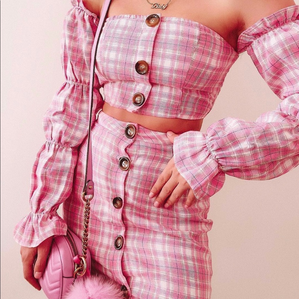 Pink checked Ruched sleeve Co-ord set
